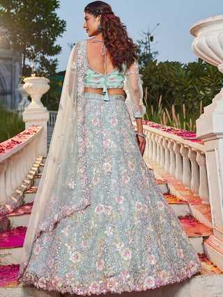 Floral Embroiderey Multi-Sequins, Mirror and thread Embroidered Net Semi-Stitched Lehenga Choli