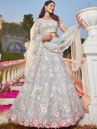 Floral Embroiderey Multi-Sequins, Mirror and thread Embroidered Net Semi-Stitched Lehenga Choli