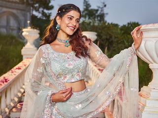 Floral Embroiderey Multi-Sequins, Mirror and thread Embroidered Net Semi-Stitched Lehenga Choli
