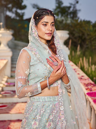 Floral Embroiderey Multi-Sequins, Mirror and thread Embroidered Net Semi-Stitched Lehenga Choli