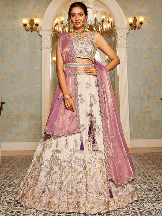 Beige Color Golden Sequined Using Thread,Coding & Zarkans Embroidered Viscos Semi-Stitched Lehenga choli with Contrast Dupatta