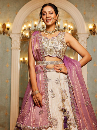 Beige Color Golden Sequined Using Thread,Coding & Zarkans Embroidered Viscos Semi-Stitched Lehenga choli with Contrast Dupatta