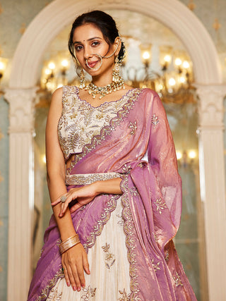 Beige Color Golden Sequined Using Thread,Coding & Zarkans Embroidered Viscos Semi-Stitched Lehenga choli with Contrast Dupatta
