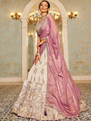 Beige Color Golden Sequined Using Thread,Coding & Zarkans Embroidered Viscos Semi-Stitched Lehenga choli with Contrast Dupatta