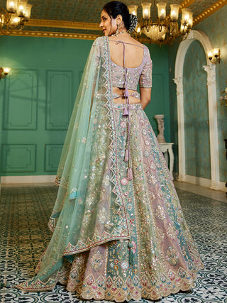 Multi-Color Bridal Net Gotta Patti,Sequins, Moti, Mirror and Thread embroidery Semi-Stitched Lehenga