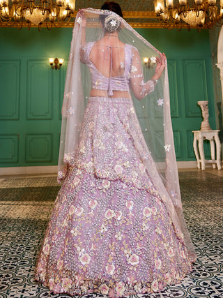 Floral Embroiderey Multi-Sequins, Mirror and thread Embroidered Net Semi-Stitched Lehenga Choli