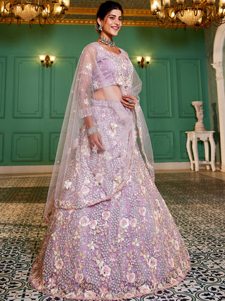 Floral Embroiderey Multi-Sequins, Mirror and thread Embroidered Net Semi-Stitched Lehenga Choli