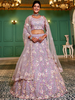 Floral Embroiderey Multi-Sequins, Mirror and thread Embroidered Net Semi-Stitched Lehenga Choli