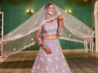 Floral Embroiderey Multi-Sequins, Mirror and thread Embroidered Net Semi-Stitched Lehenga Choli