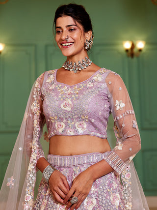 Floral Embroiderey Multi-Sequins, Mirror and thread Embroidered Net Semi-Stitched Lehenga Choli