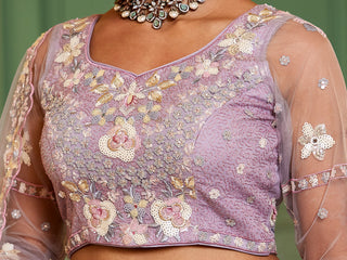 Floral Embroiderey Multi-Sequins, Mirror and thread Embroidered Net Semi-Stitched Lehenga Choli