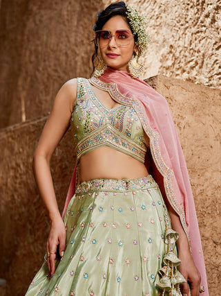 Satin Silk  Fabric Sequins embroidery Semi-Stitched Lehenga choli & Dupatta
