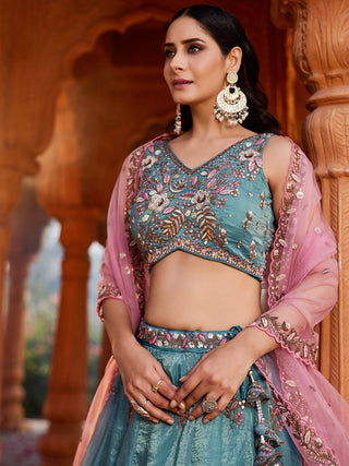 Tissue Fabric Sequinse embroidery Semi-Stitched Lehenga choli & Dupatta