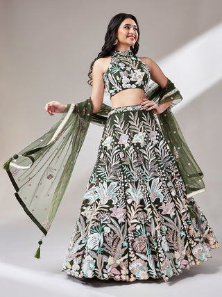 Olive Net Sequin Work Lehenga