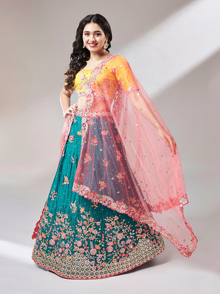 Teal Pure Georgette Sequinse Work Lehenga