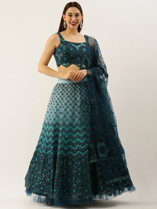 Women Teal Net Embroidered Sequins Lehenga