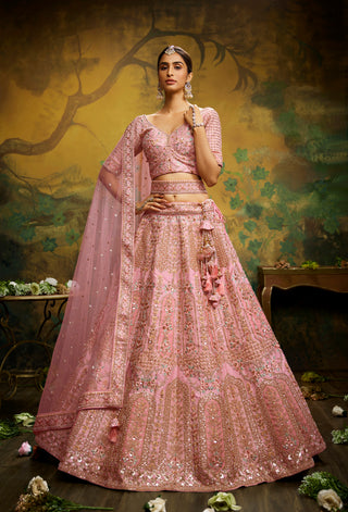 Coral Pure Silk Moti & Zarkan heavy embroidery Bridal Lehenga