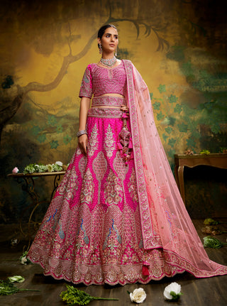 Pink Pure Silk Moti & Zarkan heavy embroidery Bridal Lehenga