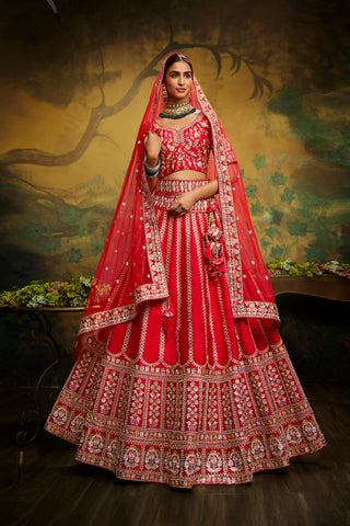 Red Pure Silk Moti & Zarkan heavy embroidery Bridal Lehenga