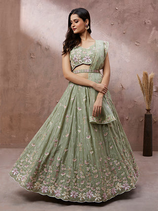 Lime Green Pure Georgette Sequins with heavy Zarkan embroidery Lehenga