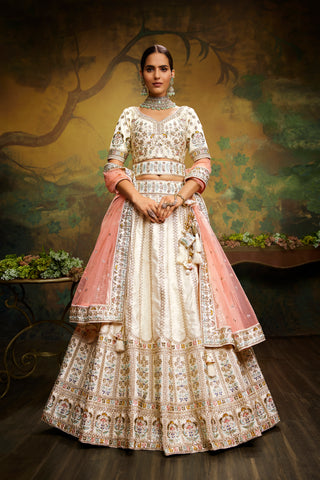 Off White Pure Silk Moti & Zarkan heavy embroidery Bridal Lehenga