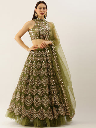 Women Olive Net Embroidered Mirror Lehenga