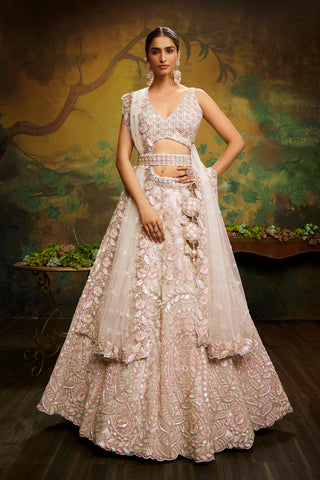 Cream Net Multi Sequins with heavy Zarkan embroidery Bridal Lehenga