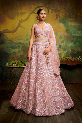 Pink Net Multi Sequins with heavy Zarkan embroidery Bridal Lehenga