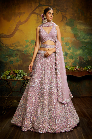 Mauve Net Multi Sequins with heavy Zarkan embroidery Bridal Lehenga