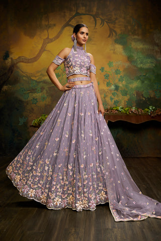 Mauve Pure Georgette Sequins with heavy Zarkan embroidery Bridal Lehenga