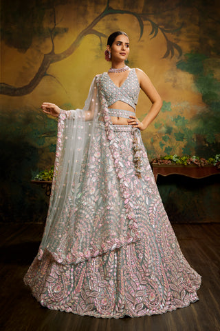 Sea green Net Multi Sequins with heavy Zarkan embroidery Bridal Lehenga choli & Dupatta