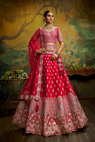 Red Pure Silk Moti & Zarkan heavy embroidery Bridal Lehenga