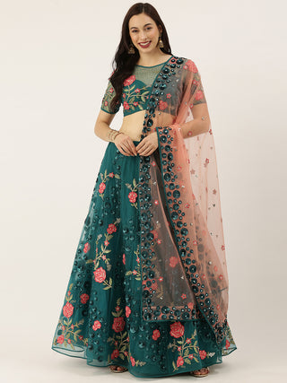 Teal Net Coding, Sequins and Saroski Stone Work Lehenga Choli