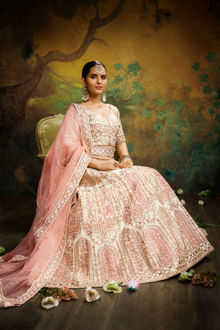 Off White Pure Silk Moti & Zarkan heavy embroidery Bridal Lehenga