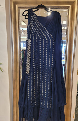 Blue sequined Georgette Gown with belt