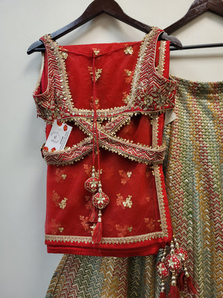 multi color Lehenga In raw silk with red dupatta in sequins