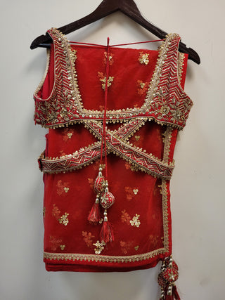 multi color Lehenga In raw silk with red dupatta in sequins