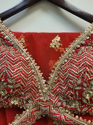 multi color Lehenga In raw silk with red dupatta in sequins