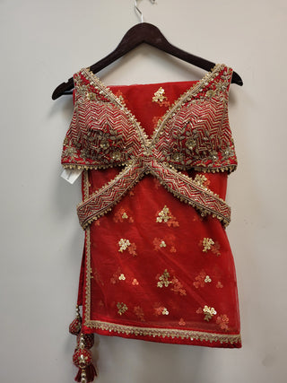 multi color Lehenga In raw silk with red dupatta in sequins
