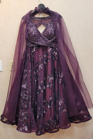 Wine color Lehenga In Soft Net in sequins