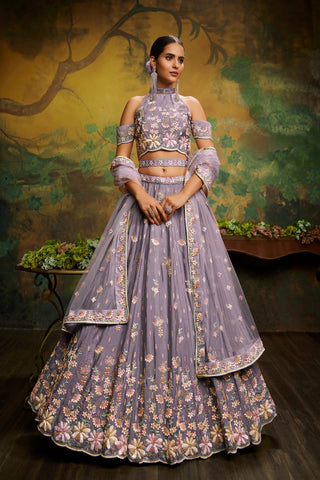 Mauve Pure Georgette Sequins with heavy Zarkan embroidery Bridal Lehenga