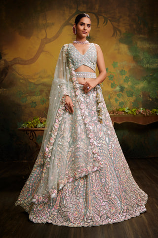 Sea green Net Multi Sequins with heavy Zarkan embroidery Bridal Lehenga choli & Dupatta