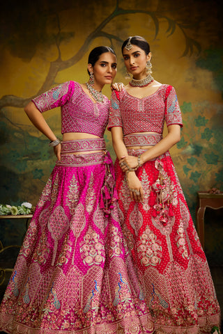 Pink Pure Silk Moti & Zarkan heavy embroidery Bridal Lehenga