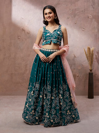 Teal Georgette Sequins embroidery Lehenga