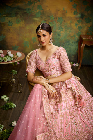 Coral Pure Silk Moti & Zarkan heavy embroidery Bridal Lehenga