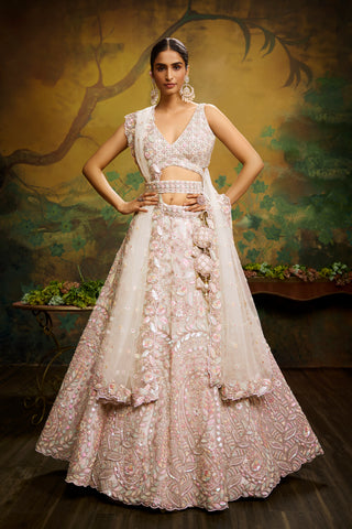 Cream Net Multi Sequins with heavy Zarkan embroidery Bridal Lehenga