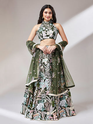 Olive Net Sequinse Work Lehenga