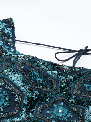 Women Teal Net Embroidered Sequins Lehenga