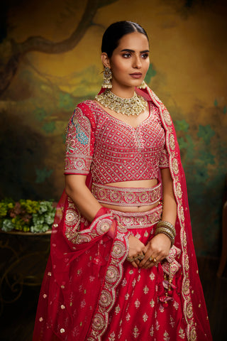 Red Pure Silk Moti & Zarkan heavy embroidery Bridal Lehenga