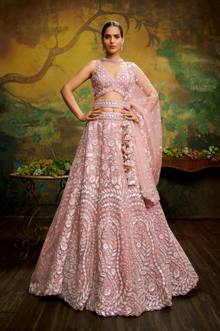 Pink Net Multi Sequins with heavy Zarkan embroidery Bridal Lehenga